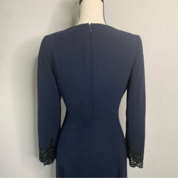 Badgley Mischka Vintage Navy Blue Lace Trim Button Accent Midi Dress - Picture 13 of 16